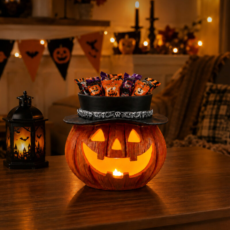 Halloween Pumpkin Candy Bowl with Witch Hat, Light Up Jack O Lantern Decoration, Spooky Tabletop Storage Container for Home Party Decor - Image 8