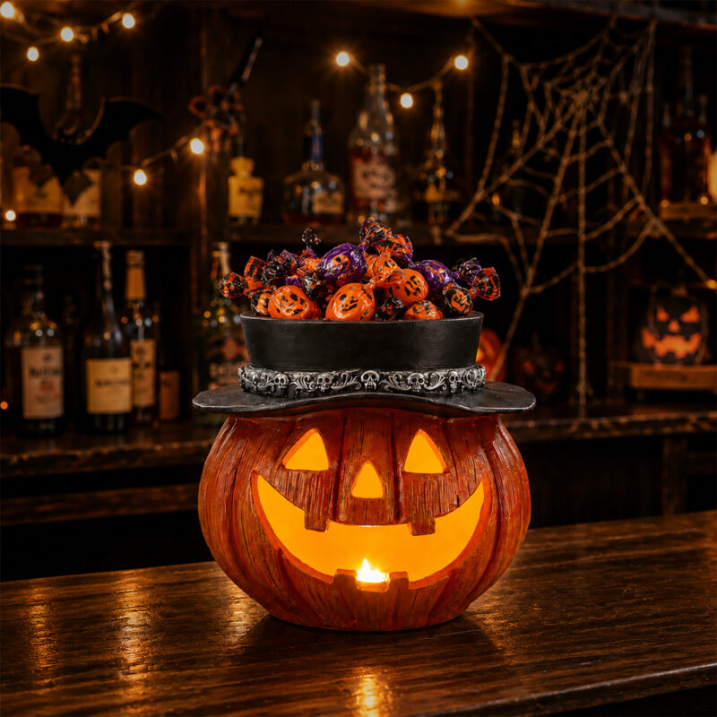 Halloween Pumpkin Candy Bowl with Witch Hat, Light Up Jack O Lantern Decoration, Spooky Tabletop Storage Container for Home Party Decor - Image 7