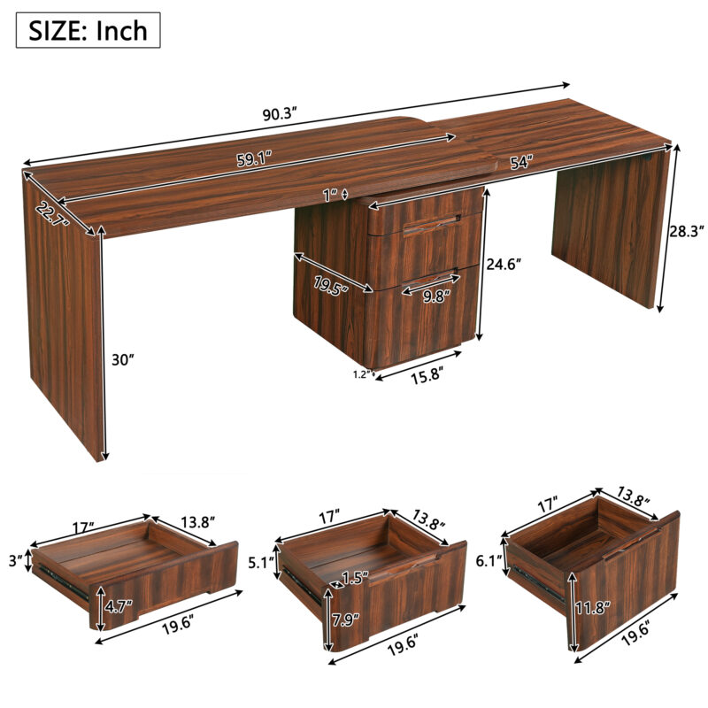 90" Modern L Shaped Desk in Walnut with 3 Drawers,360° Wood Rotating Desk,Executive Office Desk,Corner Desk,Office Study Workstation,for Home Office or Living Room - Image 3