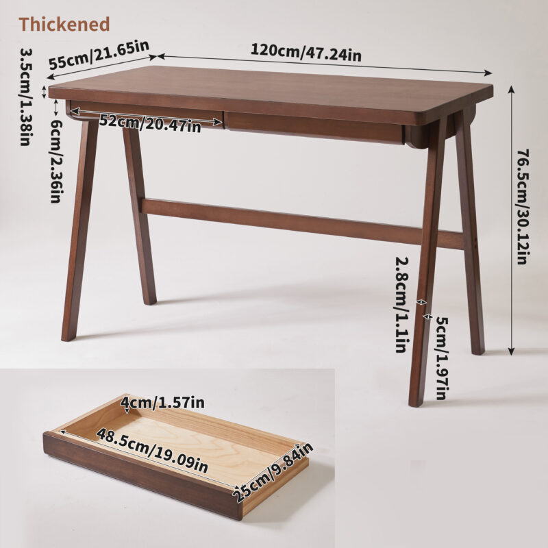 100% Solid Rubber Wood Computer Desk, Retro Walnut Writing Desk with Drawer, Sturdy A-Frame Leg - Image 11