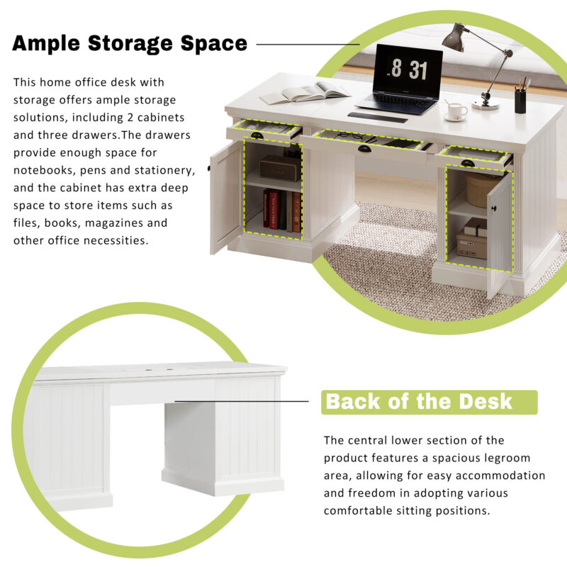 67" Modern Executive Desk,Computer Desk with 2 Wooden Doors Storage Cabinet and 3 Drawers, Rectangle Home Office Desk ,Reading Desk,Writing Table,Workstation for Home Office,Living Room,Study,White - Image 5