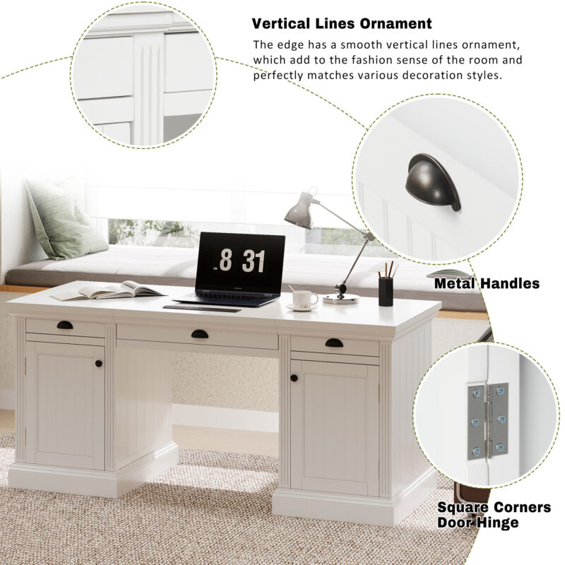 67" Modern Executive Desk,Computer Desk with 2 Wooden Doors Storage Cabinet and 3 Drawers, Rectangle Home Office Desk ,Reading Desk,Writing Table,Workstation for Home Office,Living Room,Study,White - Image 4