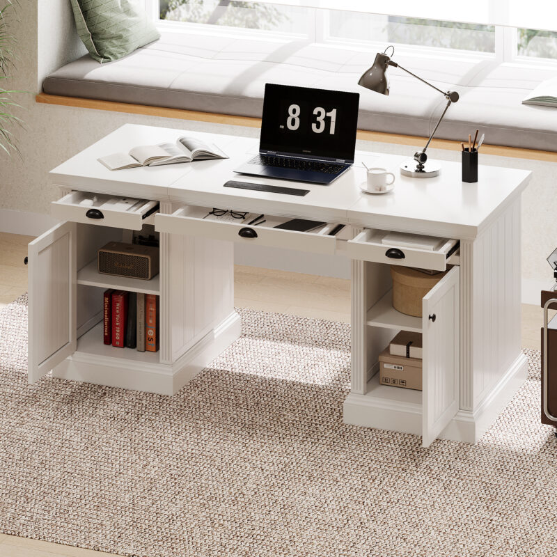 67" Modern Executive Desk,Computer Desk with 2 Wooden Doors Storage Cabinet and 3 Drawers, Rectangle Home Office Desk ,Reading Desk,Writing Table,Workstation for Home Office,Living Room,Study,White - Image 2