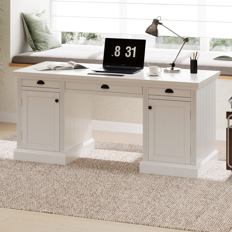 67" Modern Executive Desk,Computer Desk with 2 Wooden Doors Storage Cabinet and 3 Drawers, Rectangle Home Office Desk ,Reading Desk,Writing Table,Workstation for Home Office,Living Room,Study,White - Image 9