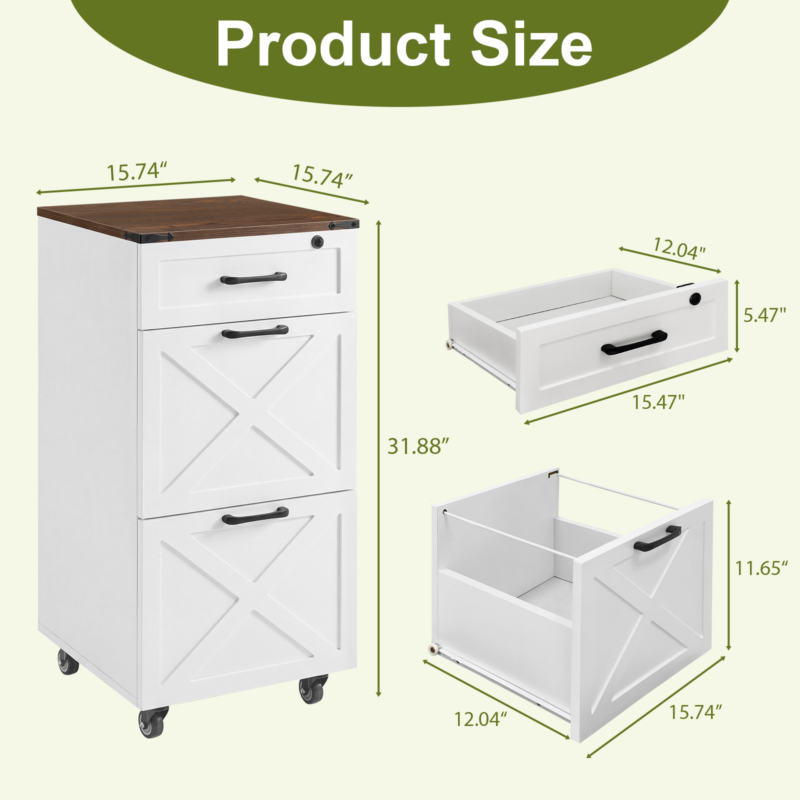 Rustic White Farmhouse 3-Drawer File Cabinet with Wheels – Vertical Rolling Storage for Letter/A4, Printer Stand & Mobile Organizer for Home Office - Image 7