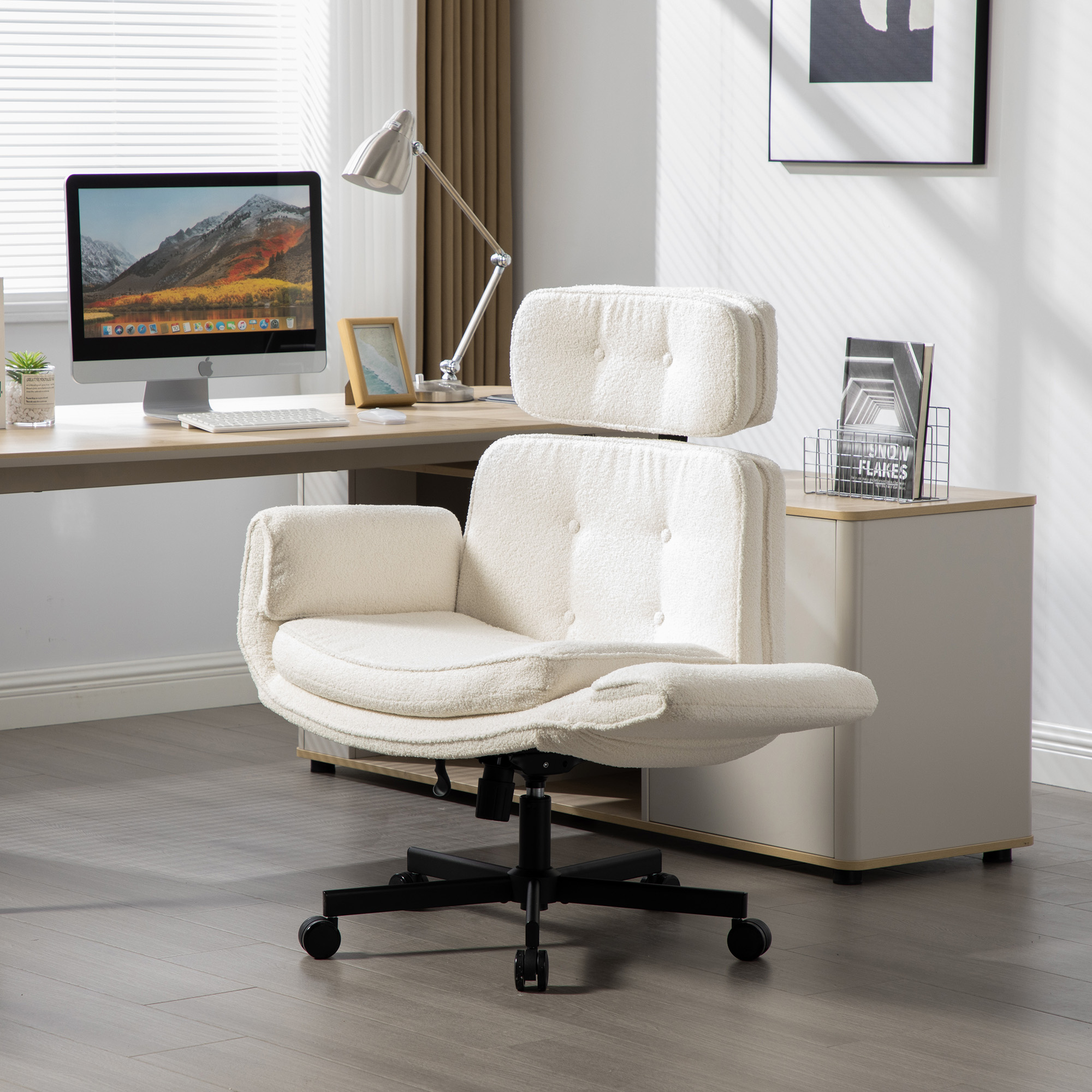 12 Criss Cross Chair with Adjustable Armrests & Wheels & Headrest, Lounge Vanity Desk Chair with Wide Seat for Cross-Legged Sitting, Swivel Task Office Chairs for Home, Makeup, Gaming, Office - Image 1