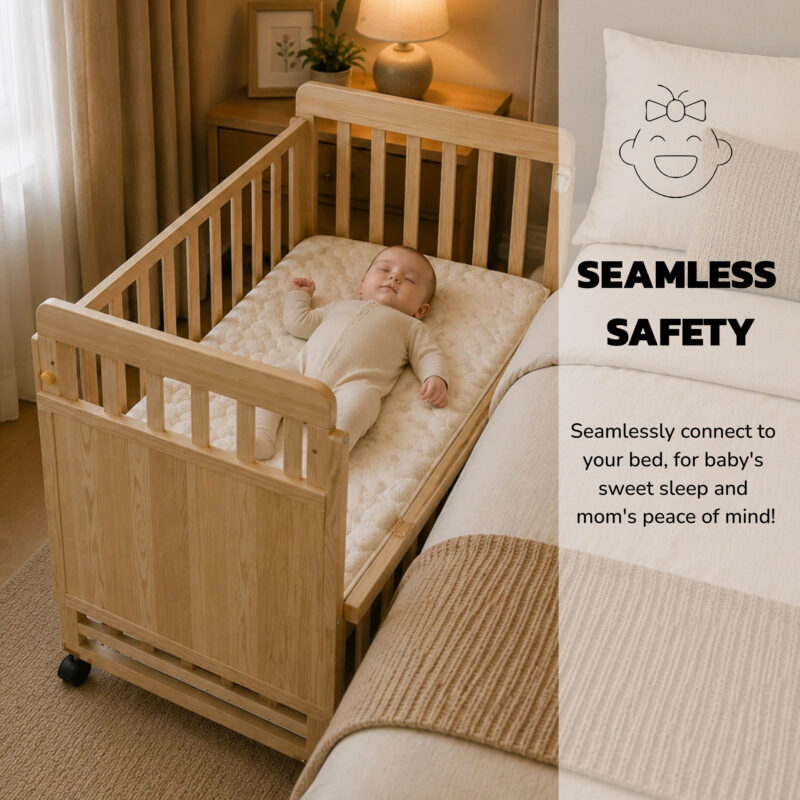 Solid Wood Baby Bassinets Wooden Bedside Bassinet Portable Mini Baby Crib 3 Adjustable Heights With Mattress and Changing Shelf for Newborns - Image 5
