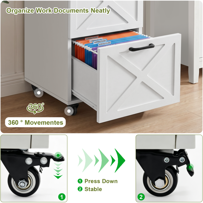 Rustic White Farmhouse 3-Drawer File Cabinet with Wheels – Vertical Rolling Storage for Letter/A4, Printer Stand & Mobile Organizer for Home Office - Image 5