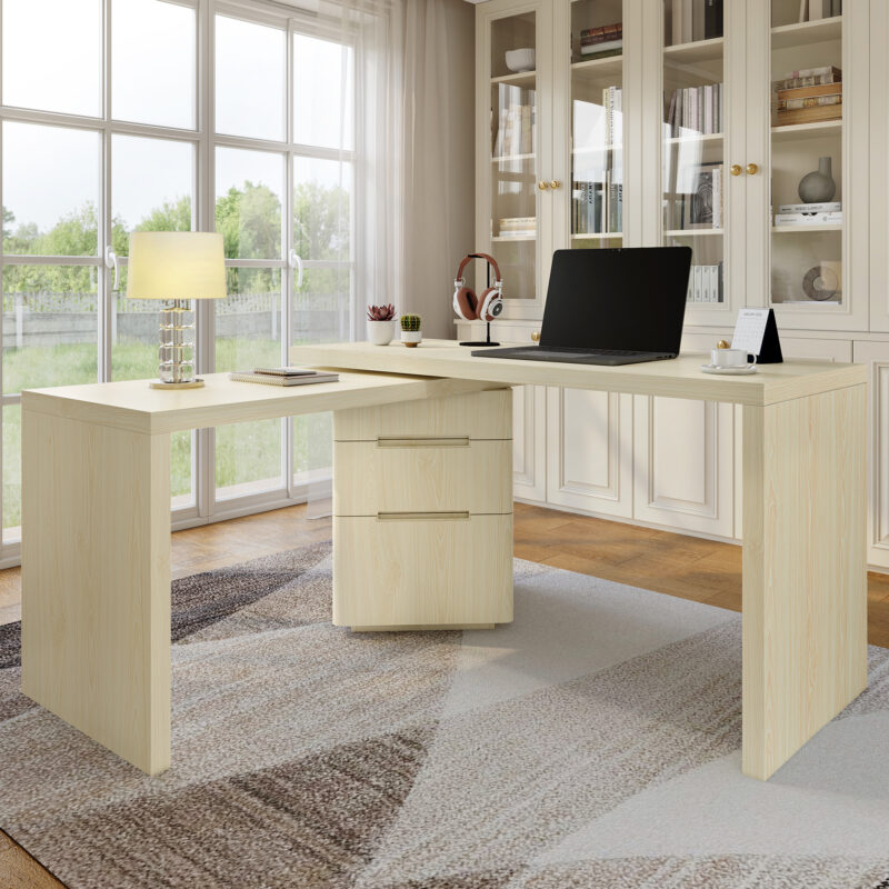 90" Modern L Shaped Desk in Walnut with 3 Drawers,360° Wood Rotating Desk,Executive Office Desk,Corner Desk,Office Study Workstation,for Home Office or Living Room - Image 11