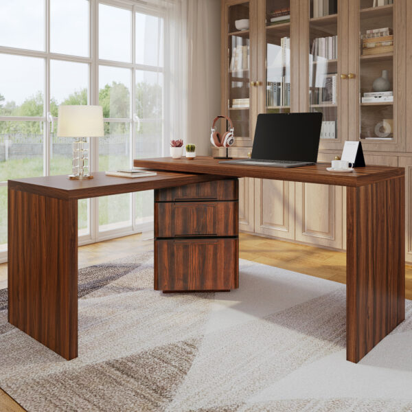 90" Modern L Shaped Desk in Walnut with 3 Drawers,360° Wood Rotating Desk,Executive Office Desk,Corner Desk,Office Study Workstation,for Home Office or Living Room