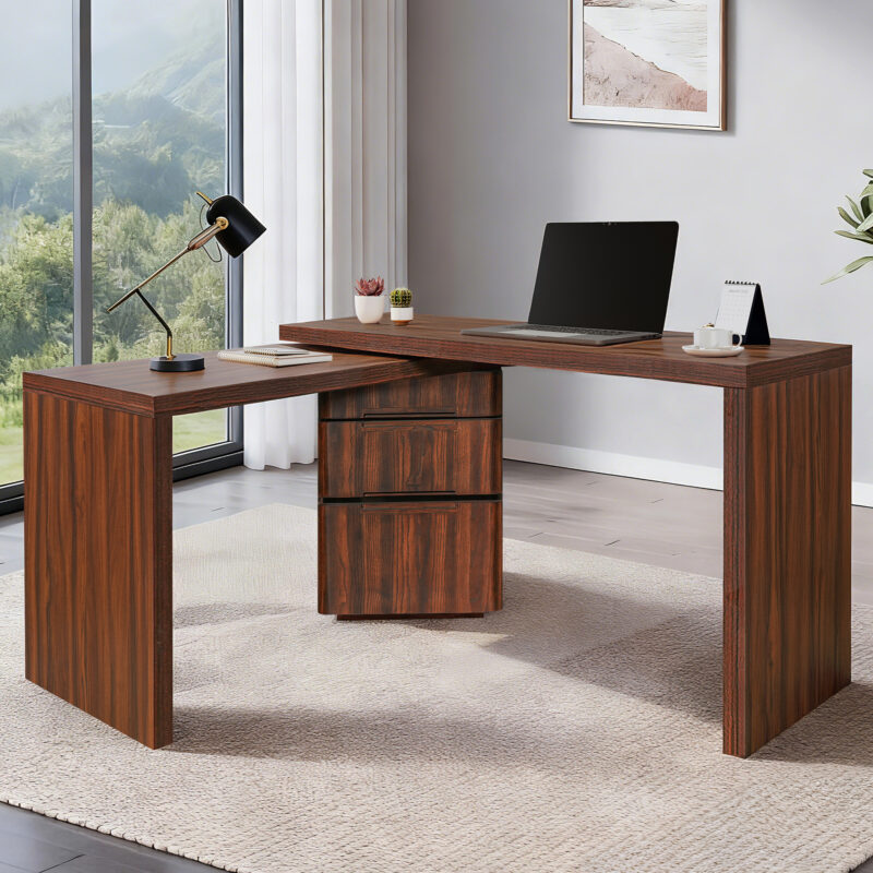90" Modern L Shaped Desk in Walnut with 3 Drawers,360° Wood Rotating Desk,Executive Office Desk,Corner Desk,Office Study Workstation,for Home Office or Living Room - Image 8