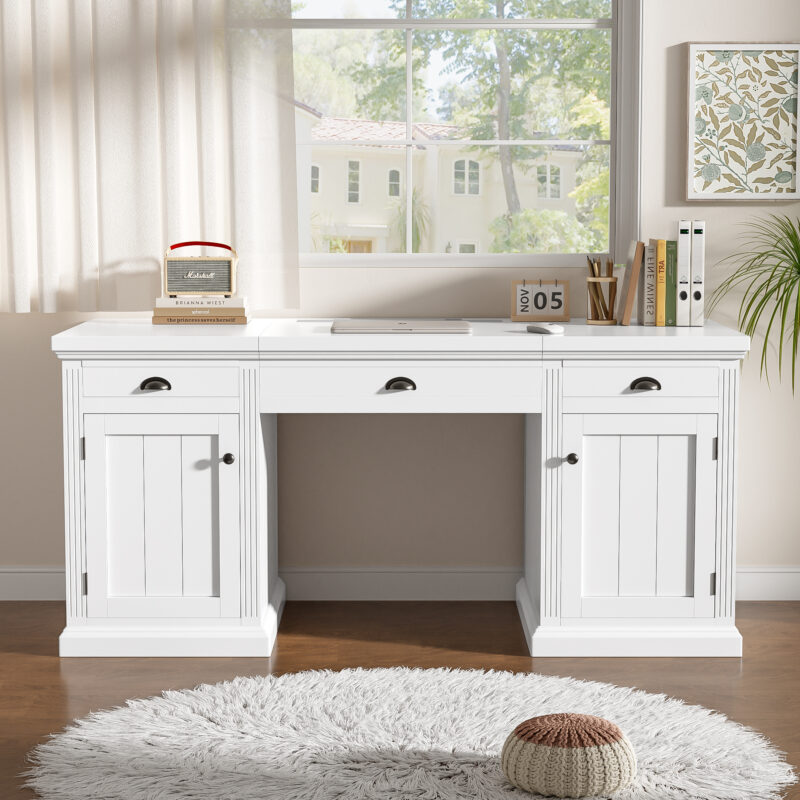 67" Modern Executive Desk,Computer Desk with 2 Wooden Doors Storage Cabinet and 3 Drawers, Rectangle Home Office Desk ,Reading Desk,Writing Table,Workstation for Home Office,Living Room,Study,White - Image 8