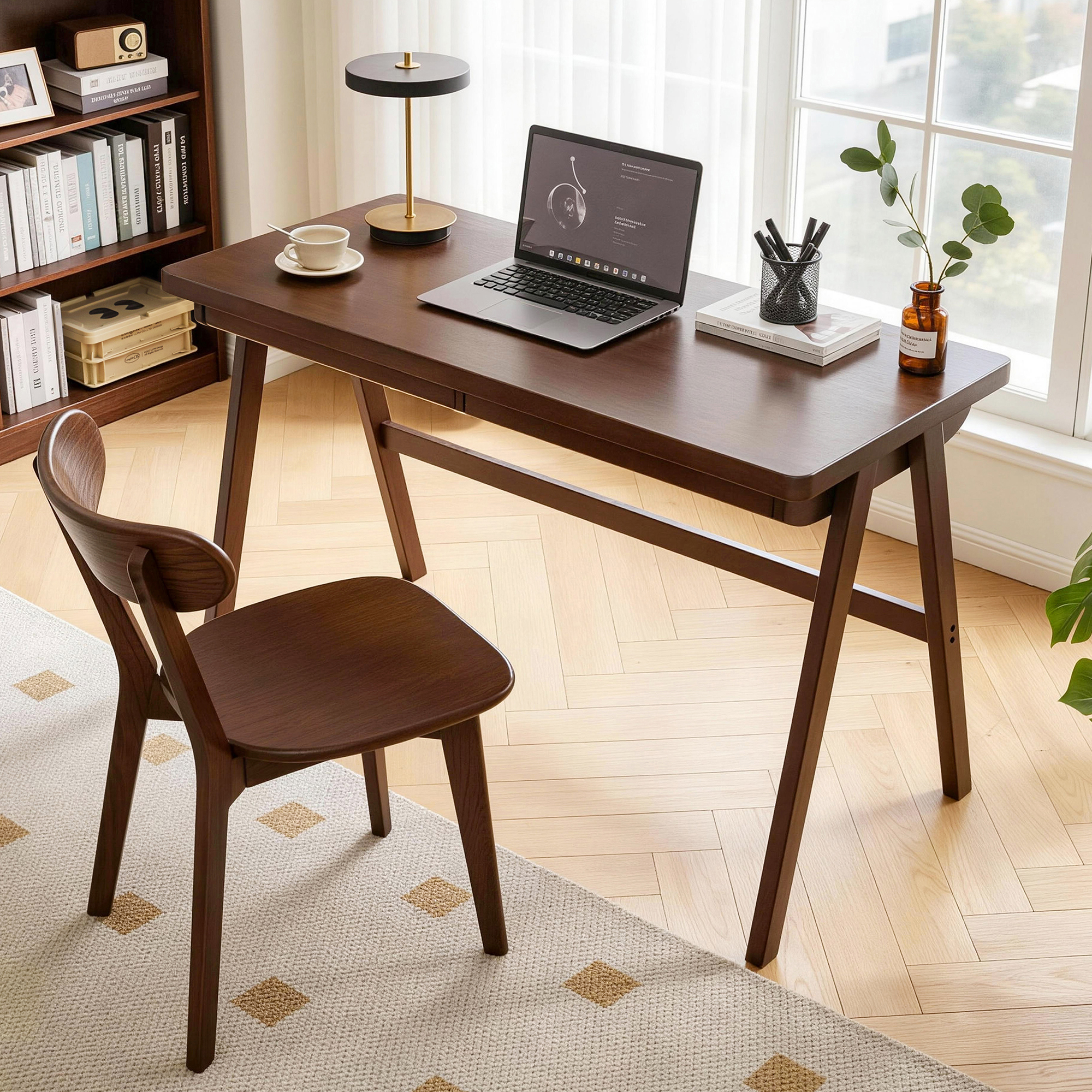2000x2000(1) 100% Solid Rubber Wood Computer Desk, Retro Walnut Writing Desk with Drawer, Sturdy A-Frame Leg - Image 1