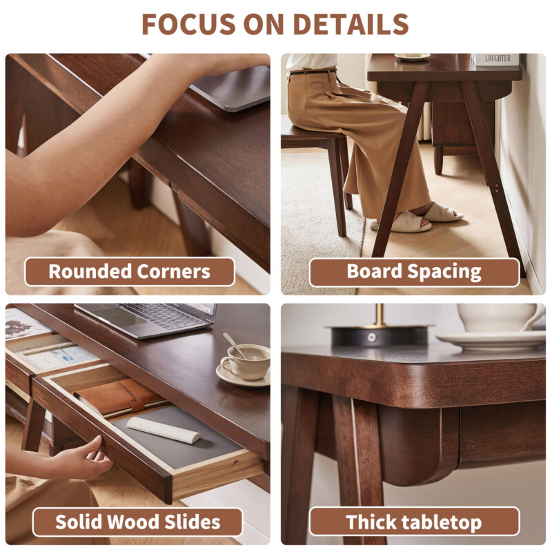 100% Solid Rubber Wood Computer Desk, Retro Walnut Writing Desk with Drawer, Sturdy A-Frame Leg - Image 5