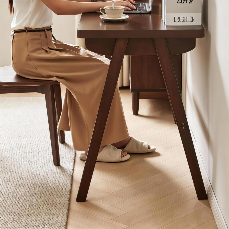 100% Solid Rubber Wood Computer Desk, Retro Walnut Writing Desk with Drawer, Sturdy A-Frame Leg - Image 4