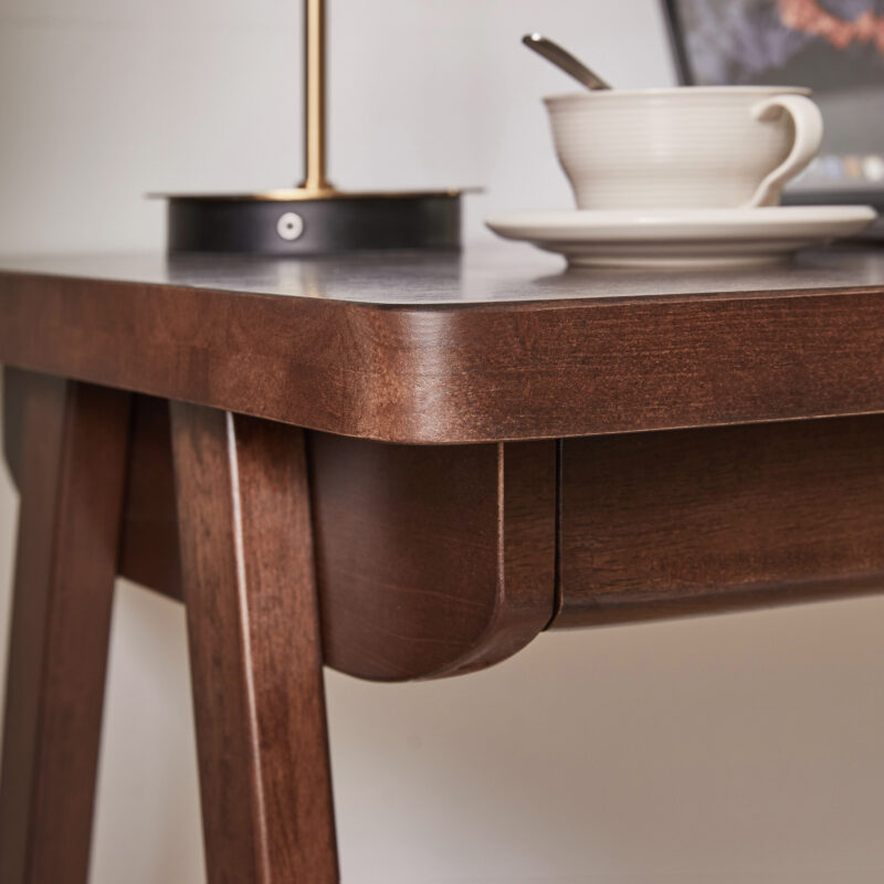 100% Solid Rubber Wood Computer Desk, Retro Walnut Writing Desk with Drawer, Sturdy A-Frame Leg - Image 10