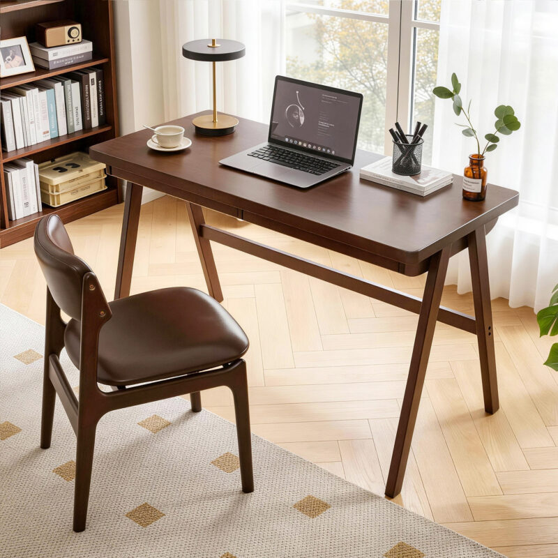 100% Solid Rubber Wood Computer Desk, Retro Walnut Writing Desk with Drawer, Sturdy A-Frame Leg - Image 8
