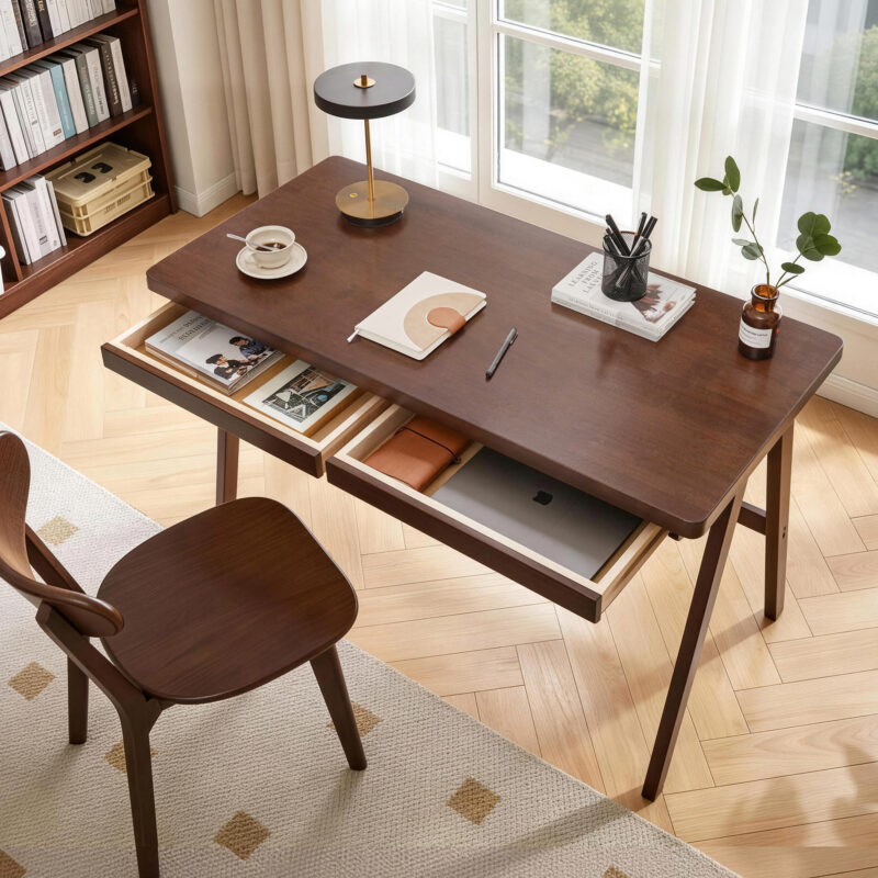 100% Solid Rubber Wood Computer Desk, Retro Walnut Writing Desk with Drawer, Sturdy A-Frame Leg - Image 7