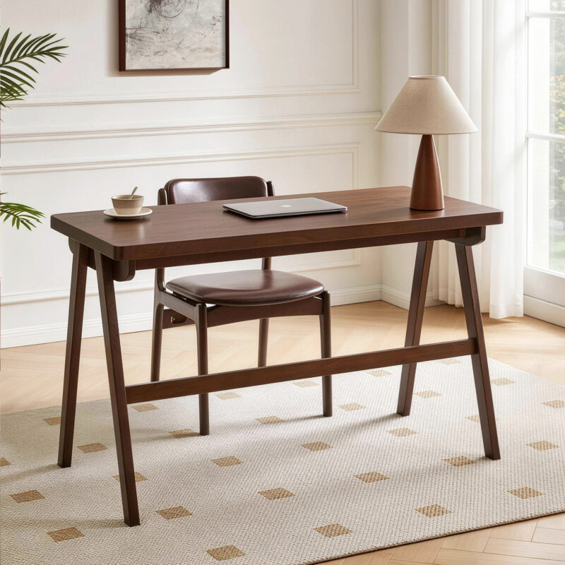 100% Solid Rubber Wood Computer Desk, Retro Walnut Writing Desk with Drawer, Sturdy A-Frame Leg - Image 6