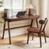 100% Solid Rubber Wood Computer Desk, Retro Walnut Writing Desk with Drawer, Sturdy A-Frame Leg - Image 2