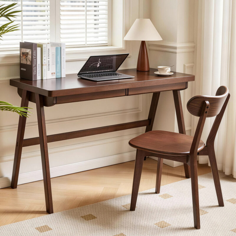 100% Solid Rubber Wood Computer Desk, Retro Walnut Writing Desk with Drawer, Sturdy A-Frame Leg - Image 2