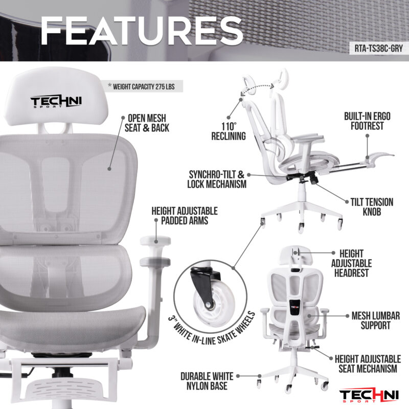 Techni Sport AIRFLEX2.0 White Mesh Gaming Chair - Image 3