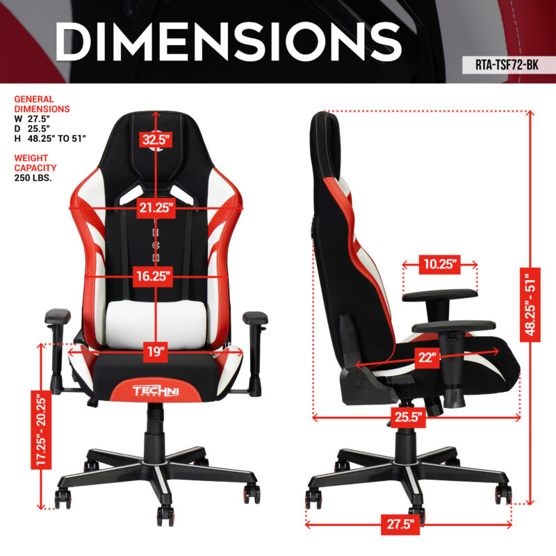 Techni Sport TSF72 Echo Gaming Chair - Black with Red & White - Image 3