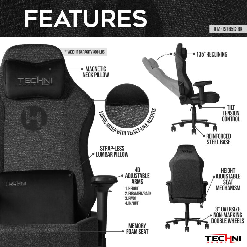 Techni Sport TSF65C Fabric Memory Foam Gaming Chair – Black - Image 3