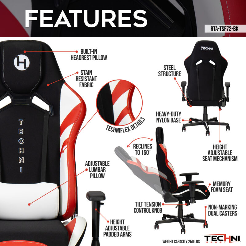 Techni Sport TSF72 Echo Gaming Chair - Black with Red & White - Image 2
