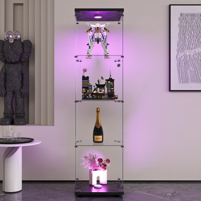 LED lights Glass Display Cabinet 4 Shelves with Door, Floor Standing Curio Bookshelf for Living Room Bedroom Office - Image 2