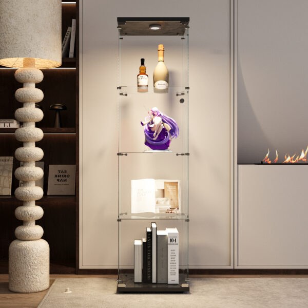 LED lights Glass Display Cabinet 4 Shelves with Door, Floor Standing Curio Bookshelf for Living Room Bedroom Office