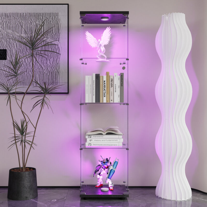 LED lights Glass Display Cabinet 4 Shelves with Door, Floor Standing Curio Bookshelf for Living Room Bedroom Office - Image 3