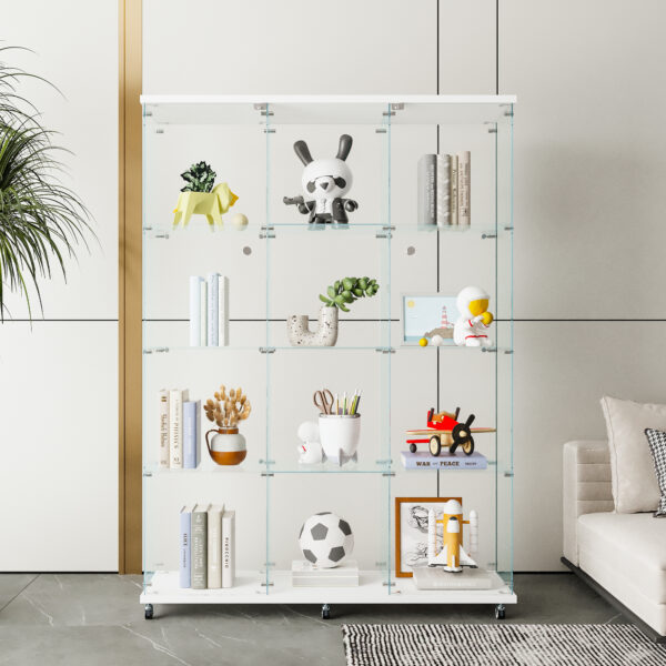 Glass Display Cabinet with 4 Shelves Extra Large, Curio Cabinets for Living Room, Bedroom, Office, Black Floor Standing Glass Bookshelf
