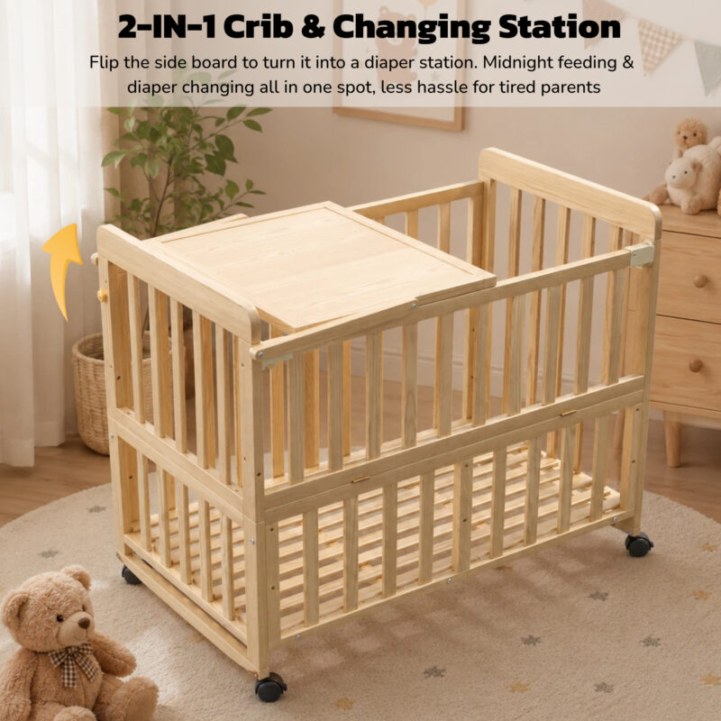 Solid Wood Baby Bassinets Wooden Bedside Bassinet Portable Mini Baby Crib 3 Adjustable Heights With Mattress and Changing Shelf for Newborns - Image 4