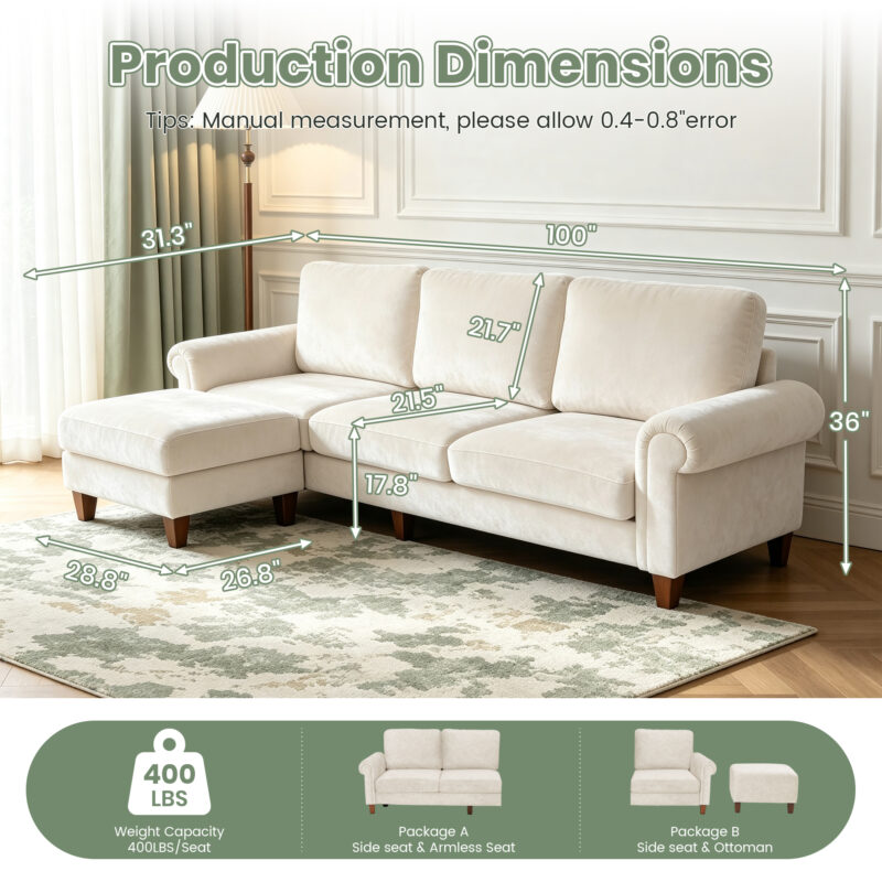 100" L-Shaped Sectional Sofa with Movable Ottoman for Living Room - Image 8