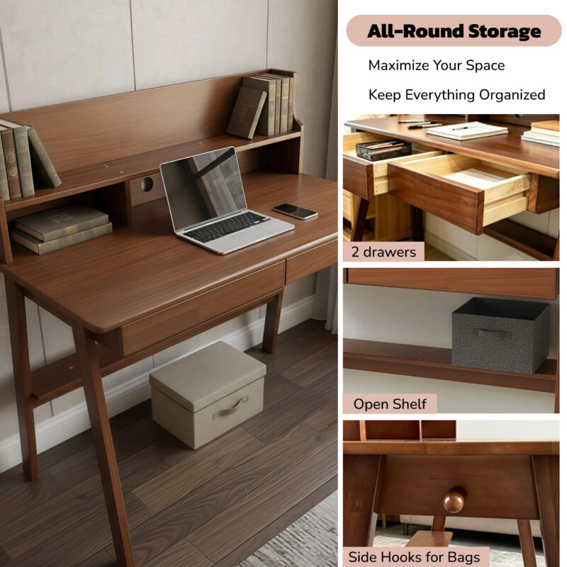 100% Solid Wood Desk Writing Computer Desk Mid Century Modern Home Office Table with Drawer for Bedroom - Image 4