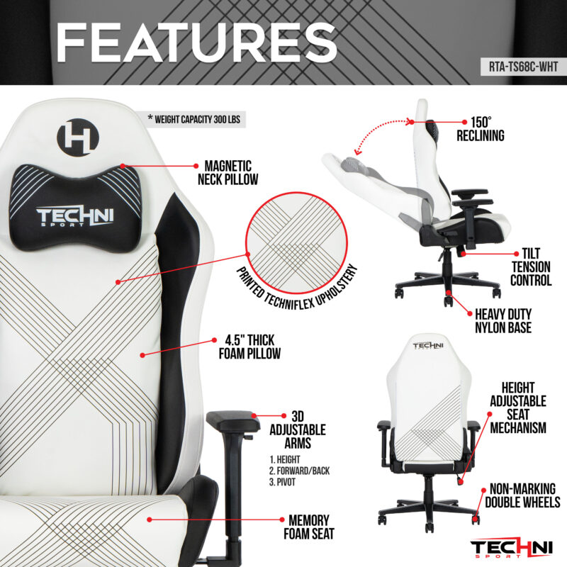 Techni Sport RTA-TS68C-WHT Comfort Edge White Gaming Chair - Image 2