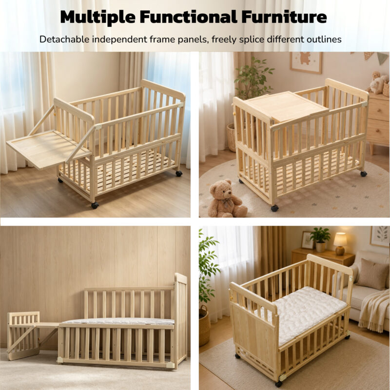 Solid Wood Baby Bassinets Wooden Bedside Bassinet Portable Mini Baby Crib 3 Adjustable Heights With Mattress and Changing Shelf for Newborns - Image 3