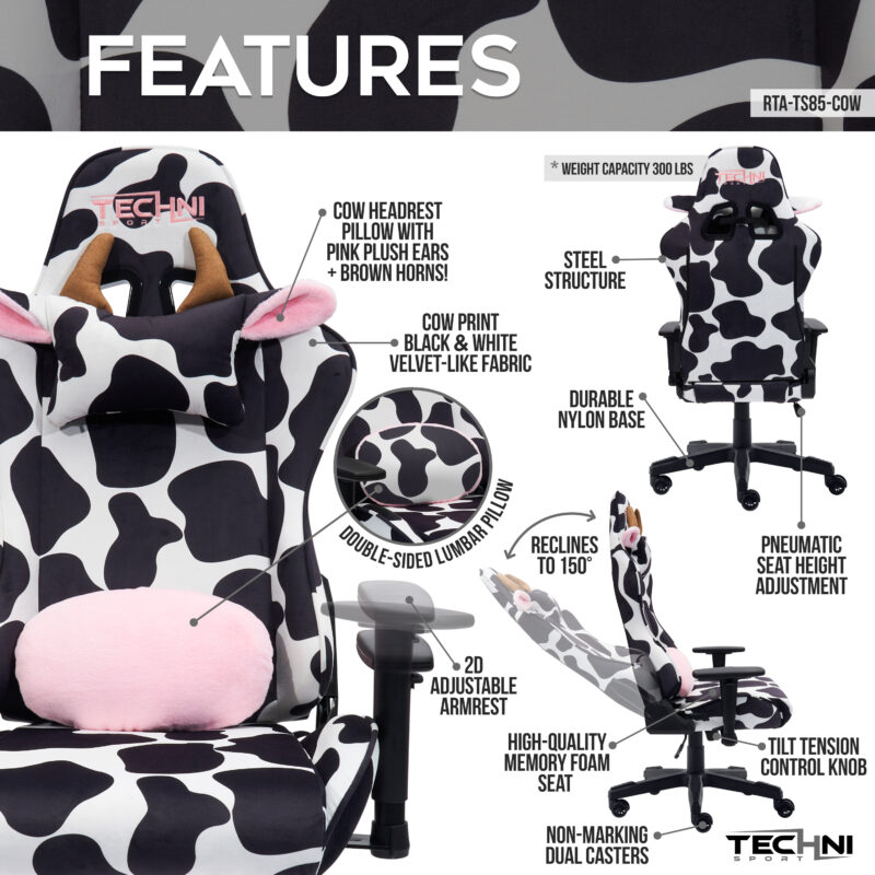 TS85 COW Print LUXX Series Gaming Chair - Image 2