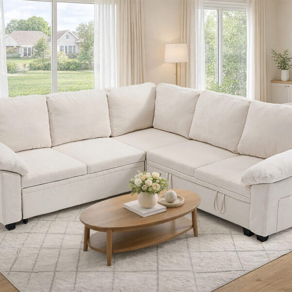 Modular Sectional Sofa Bed with Cup Holders, L-Shaped Pull Out Couch with Storage, Modern Corduroy Sleeper Sofa for Living Room