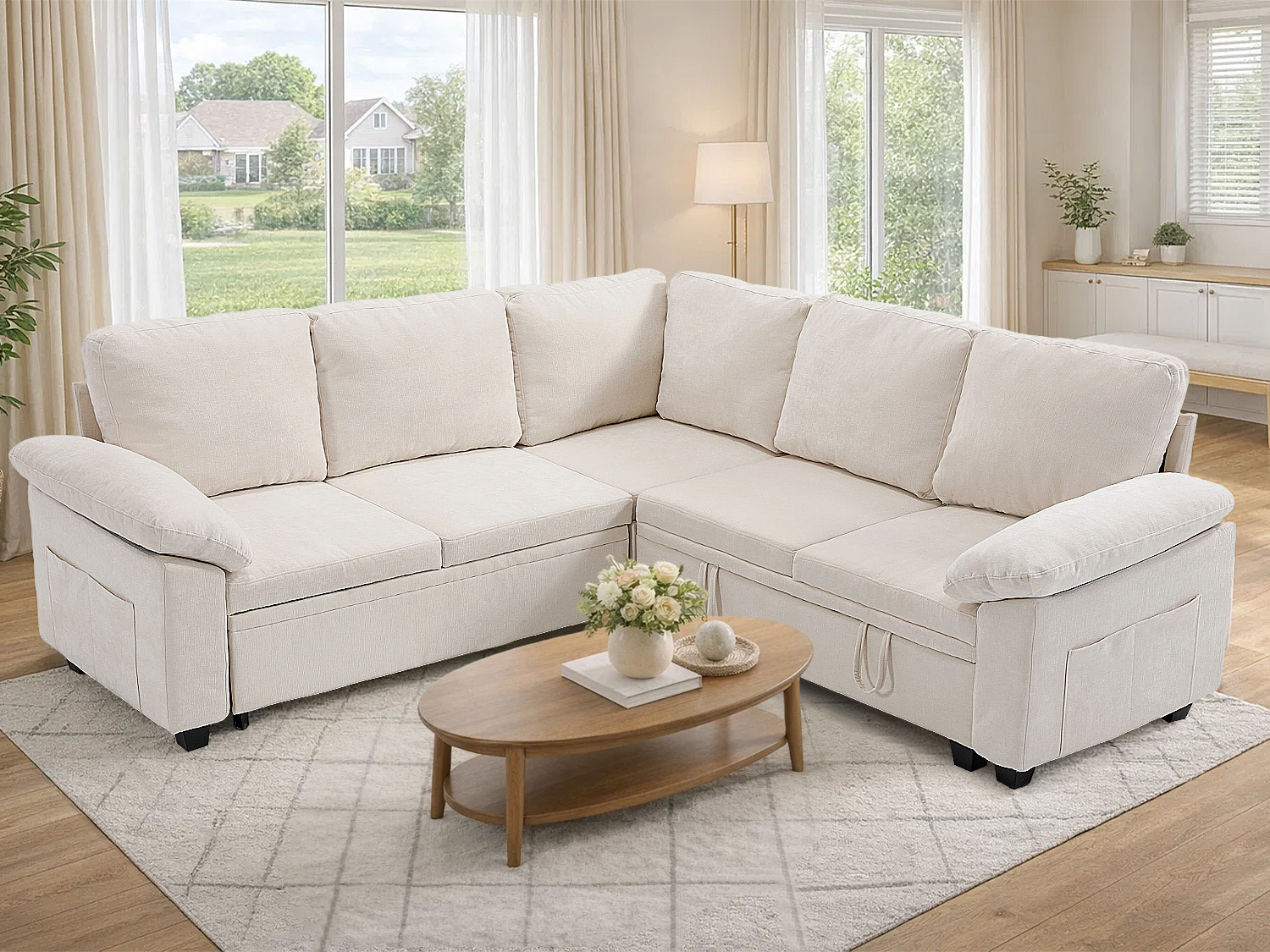 5人位-米场景 Modular Sectional Sofa Bed with Cup Holders, L-Shaped Pull Out Couch with Storage, Modern Corduroy Sleeper Sofa for Living Room - Image 1