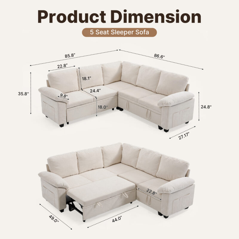 Modular Sectional Sofa Bed with Cup Holders, L-Shaped Pull Out Couch with Storage, Modern Corduroy Sleeper Sofa for Living Room - Image 2