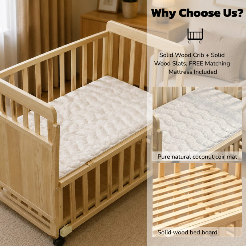 Solid Wood Baby Bassinets Wooden Bedside Bassinet Portable Mini Baby Crib 3 Adjustable Heights With Mattress and Changing Shelf for Newborns - Image 8