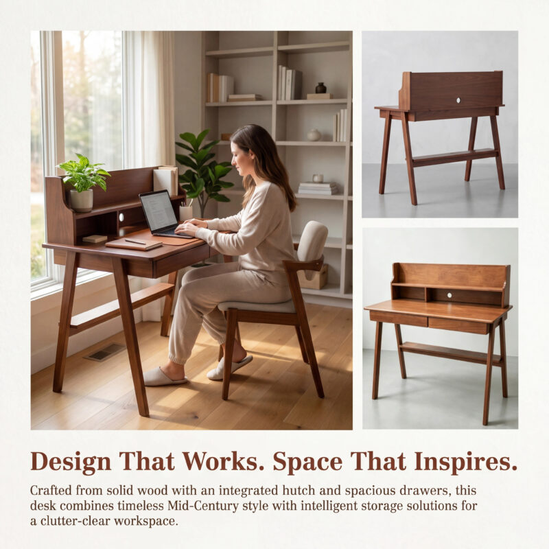 100% Solid Wood Desk Writing Computer Desk Mid Century Modern Home Office Table with Drawer for Bedroom - Image 8