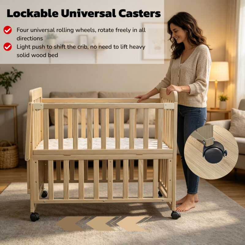 Solid Wood Baby Bassinets Wooden Bedside Bassinet Portable Mini Baby Crib 3 Adjustable Heights With Mattress and Changing Shelf for Newborns - Image 7