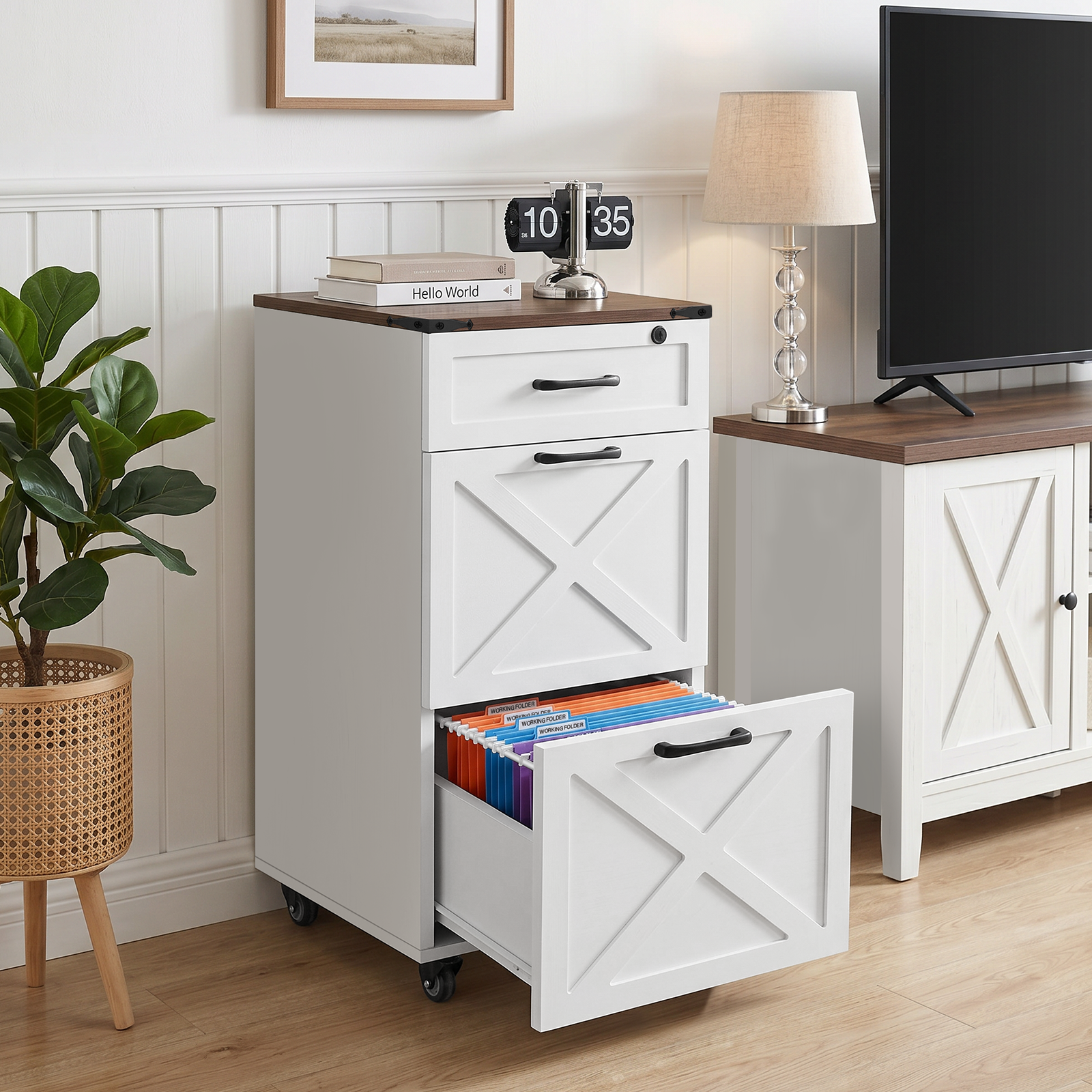 7 Rustic White Farmhouse 3-Drawer File Cabinet with Wheels – Vertical Rolling Storage for Letter/A4, Printer Stand & Mobile Organizer for Home Office - Image 1