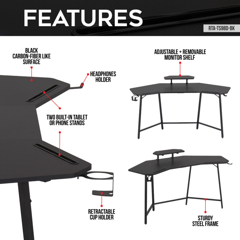 Techni Sport TS98D Gaming Desk with Shelf & Accessory Holders, Black - Image 2