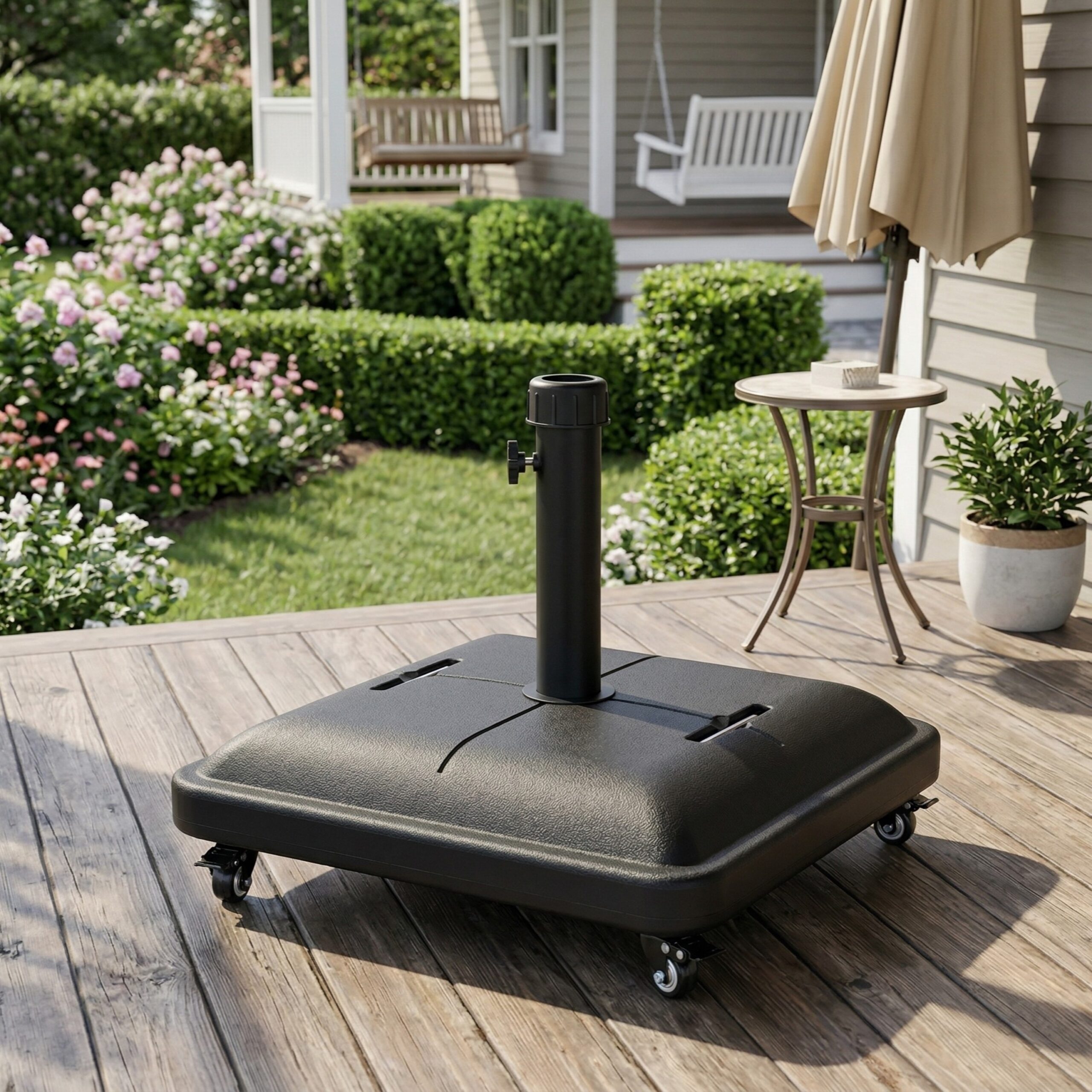B2B-N775P407228B Lifestyle7 Halea Outdoor 90-pound Square Black Umbrella Base with Wheels - Image 1