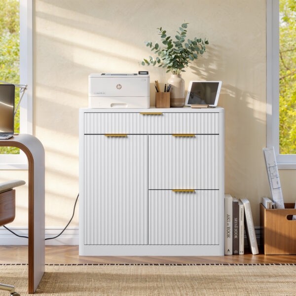 Freestanding Office File Cabinet with Built-in Tabletop Charging Station, Large Drawers, Cabinet Doors & Adjustable Inner Shelves, Multipurpose Storage Cabinet for Home & Office