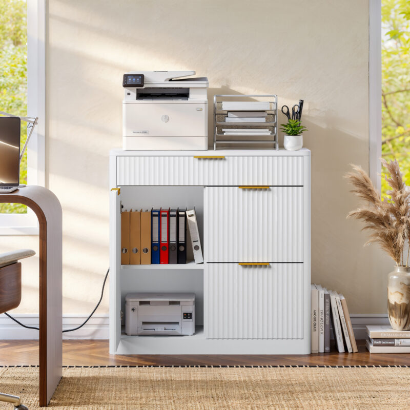 Freestanding Office File Cabinet with Built-in Tabletop Charging Station, Large Drawers, Cabinet Doors & Adjustable Inner Shelves, Multipurpose Storage Cabinet for Home & Office - Image 6